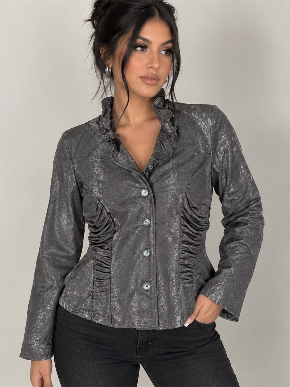 Ruffled-Trim Gray Button-Front Blazer